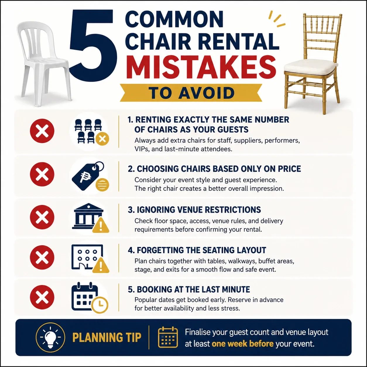 Infographic highlighting five common chair rental mistakes to avoid when planning weddings, birthday parties, corporate events, school functions, and community events in Metro Manila.
