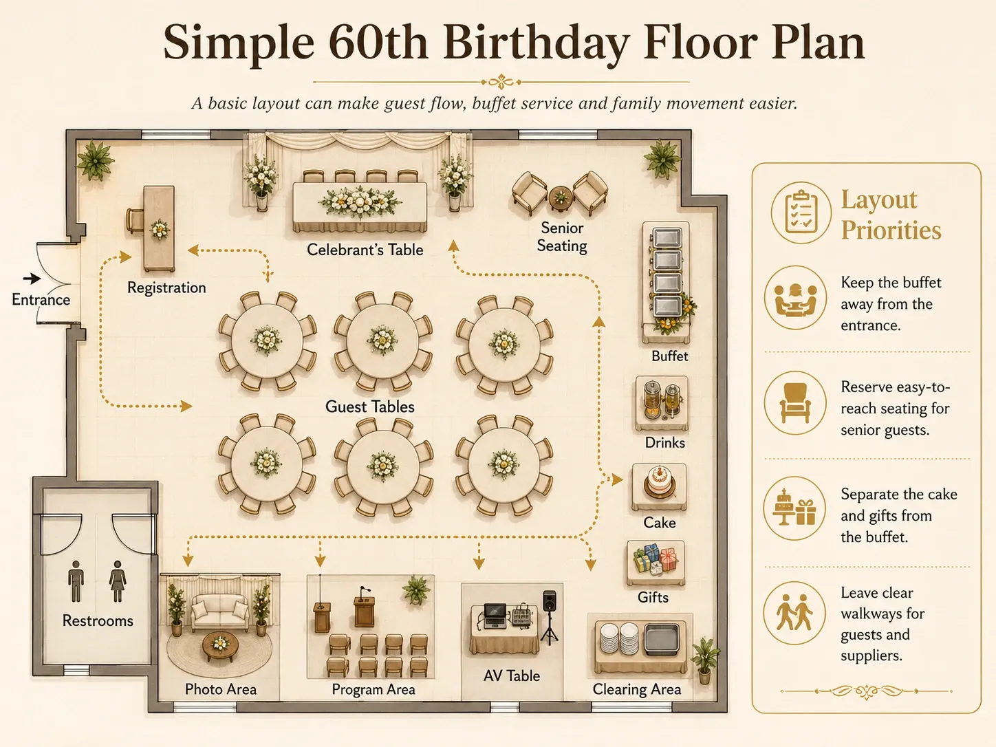 Practical floor plan for a 60th birthday with guest seating, buffet, cake and program areas