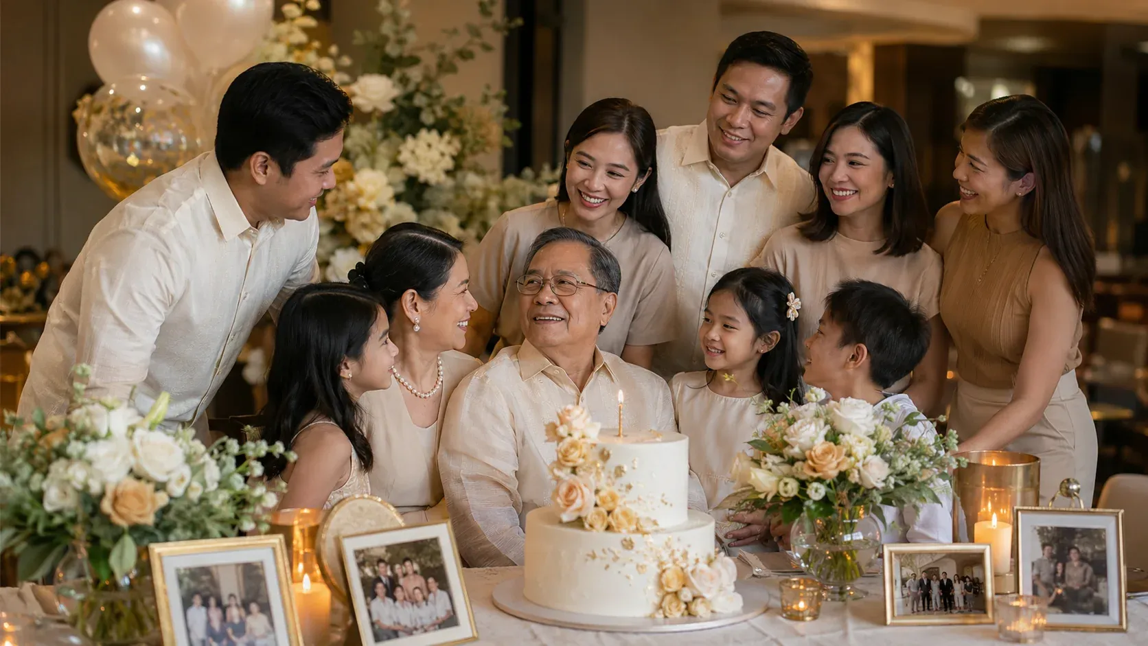 Filipino family celebrating a meaningful 60th birthday with dinner, cake and family photographs