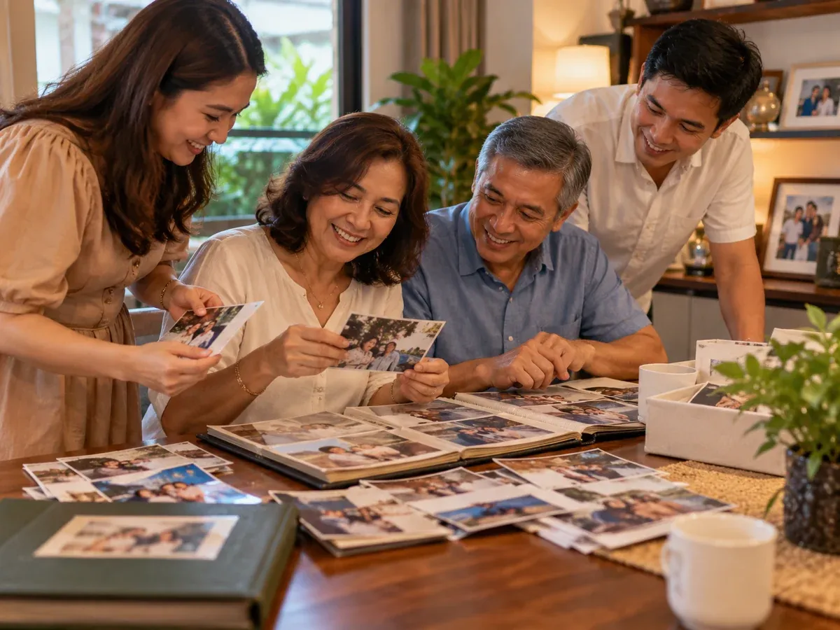 Family members looking through printed photographs and a photo album together