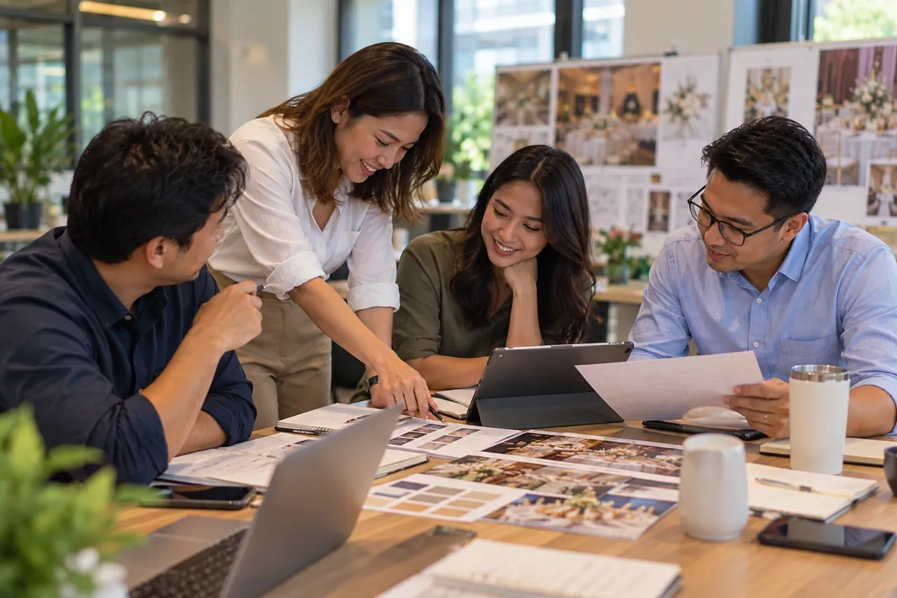 Filipino coworkers collaboratively sorting practical corporate event planning details around a table