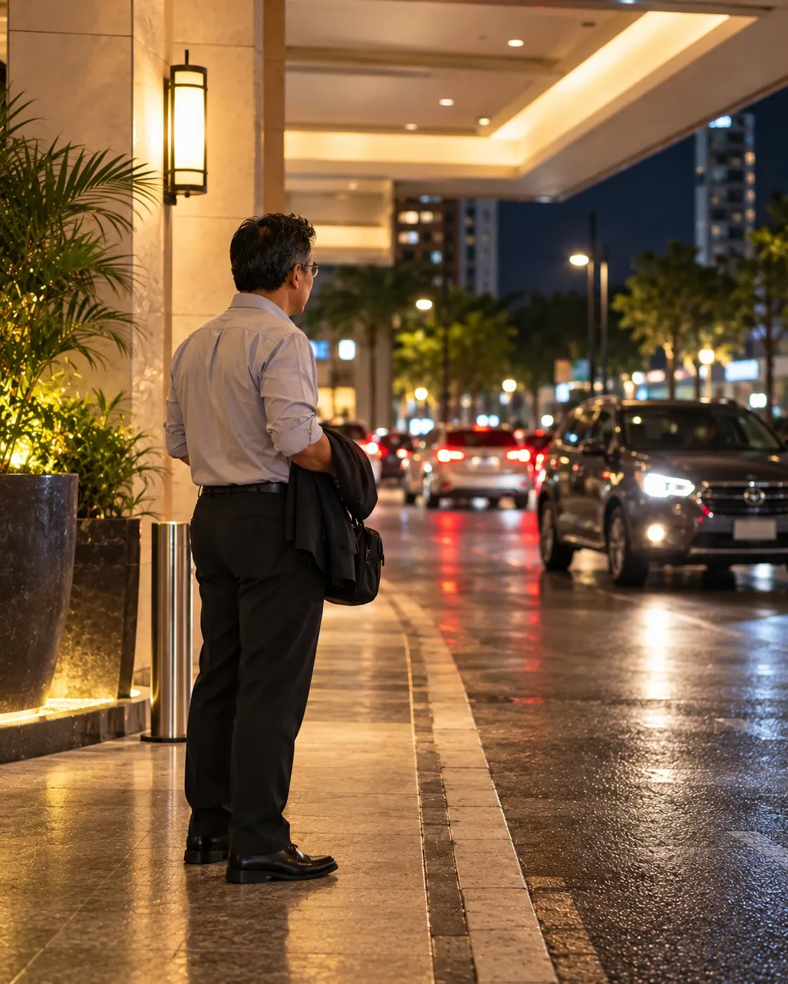 Illustrative employee waiting for an ordinary ride home after a company event