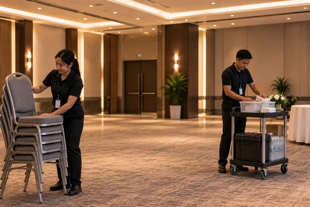 Illustrative post-event clearing and supplier collection scene
