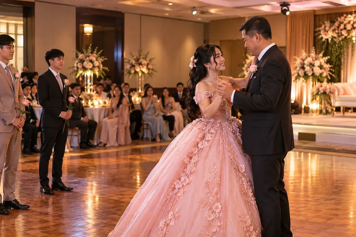 A Debut dance moment with one pair dancing while other participants wait naturally nearby.