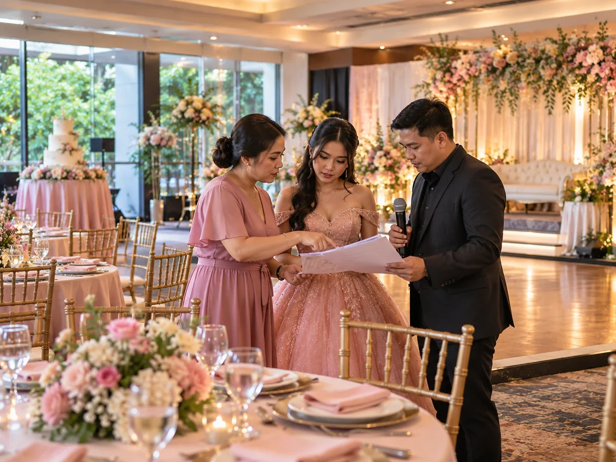 A Filipino debutante, family organizer and host reviewing a printed run sheet before a Debut program begins.