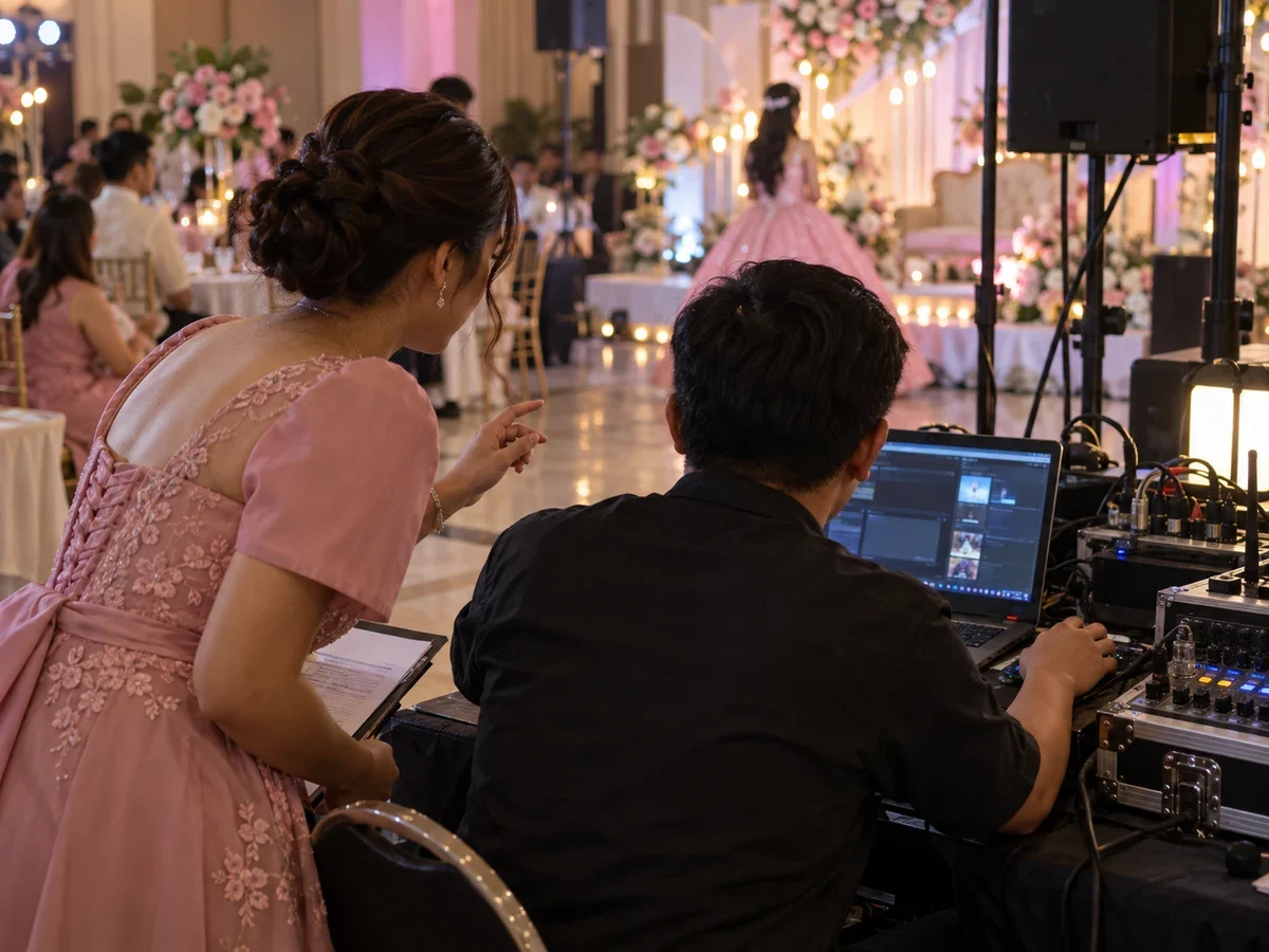 A host coordinating a program cue with a sound operator during a Debut.
