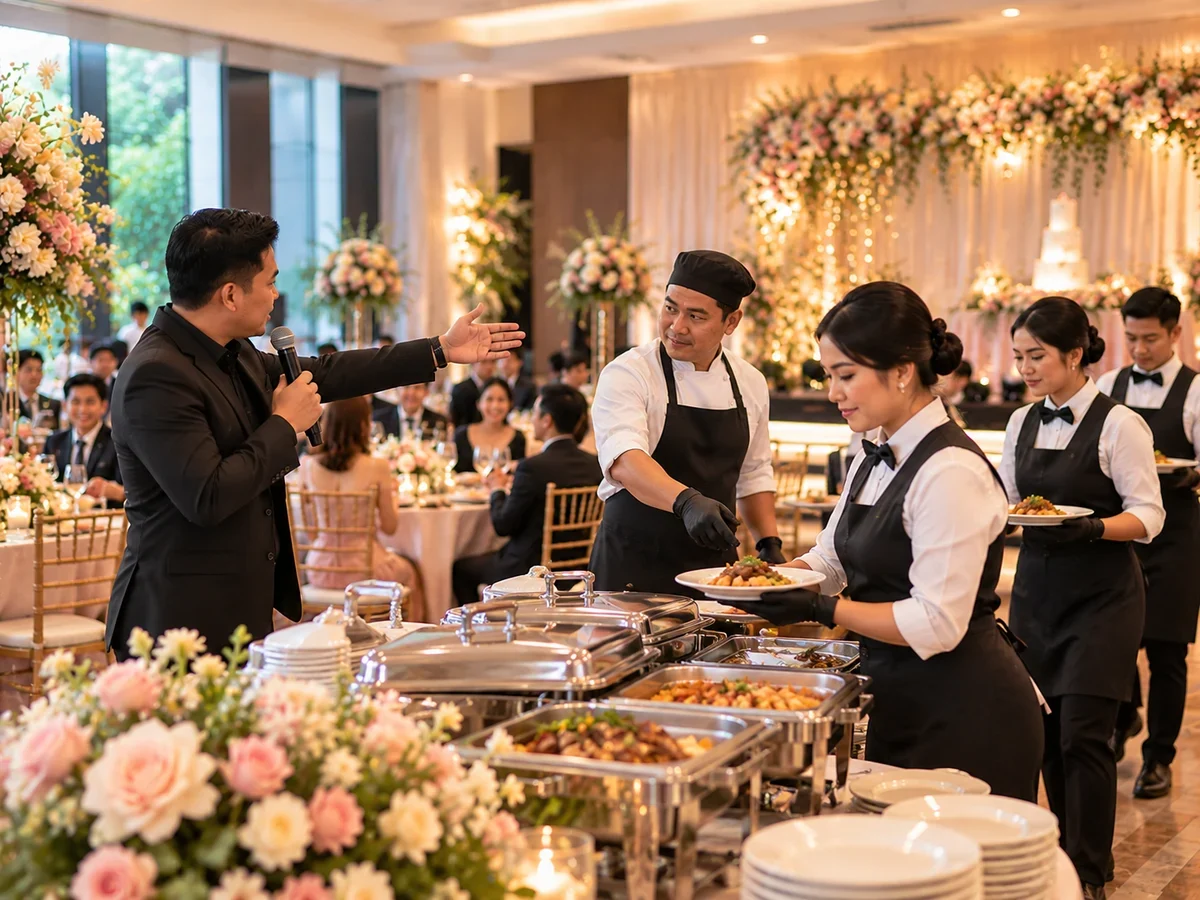 A host cueing the start of meal service while attendants prepare the buffet and guests remain seated.