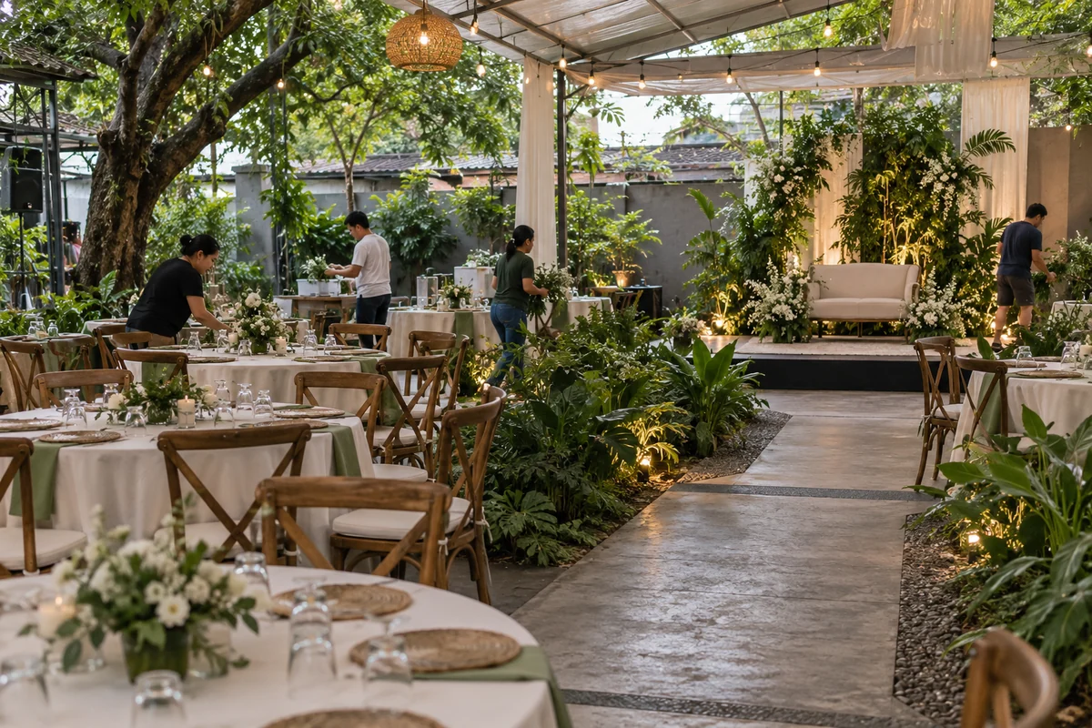 Garden or outdoor Debut venue using existing greenery with simple table styling and open circulation.