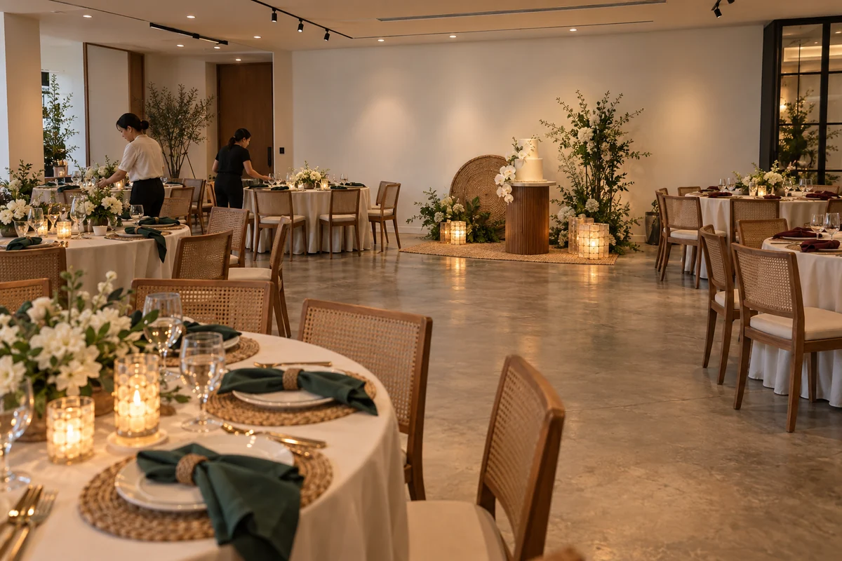 Modern Filipiniana Debut concept using restrained local textures and formal table styling.