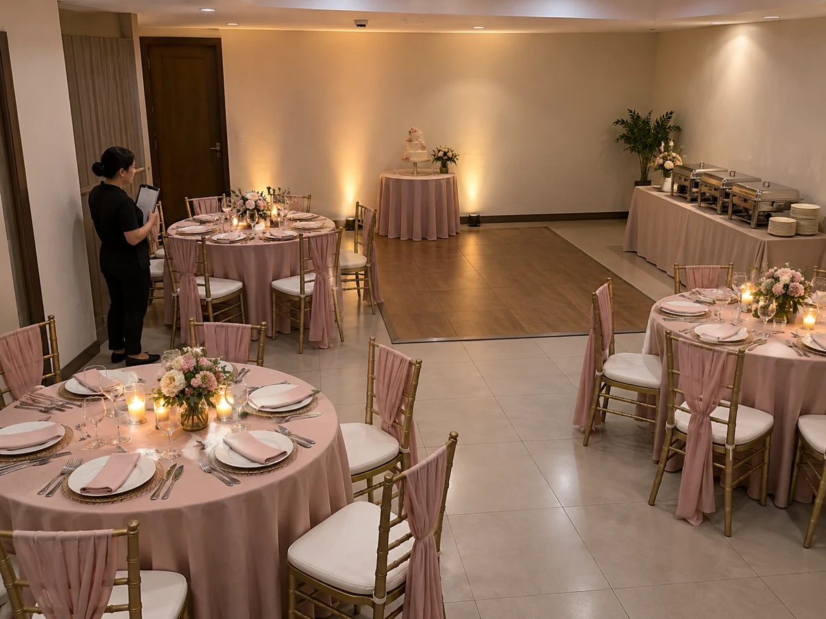 Compact Debut function room showing guest tables, a small buffet route, open program area and minimal focal setup.