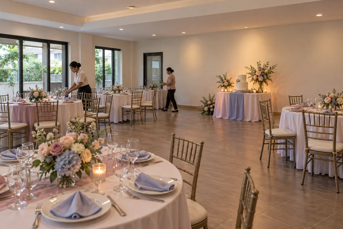 Soft pastel Debut concept with muted linens, small florals and a simple cake corner in a practical function room.