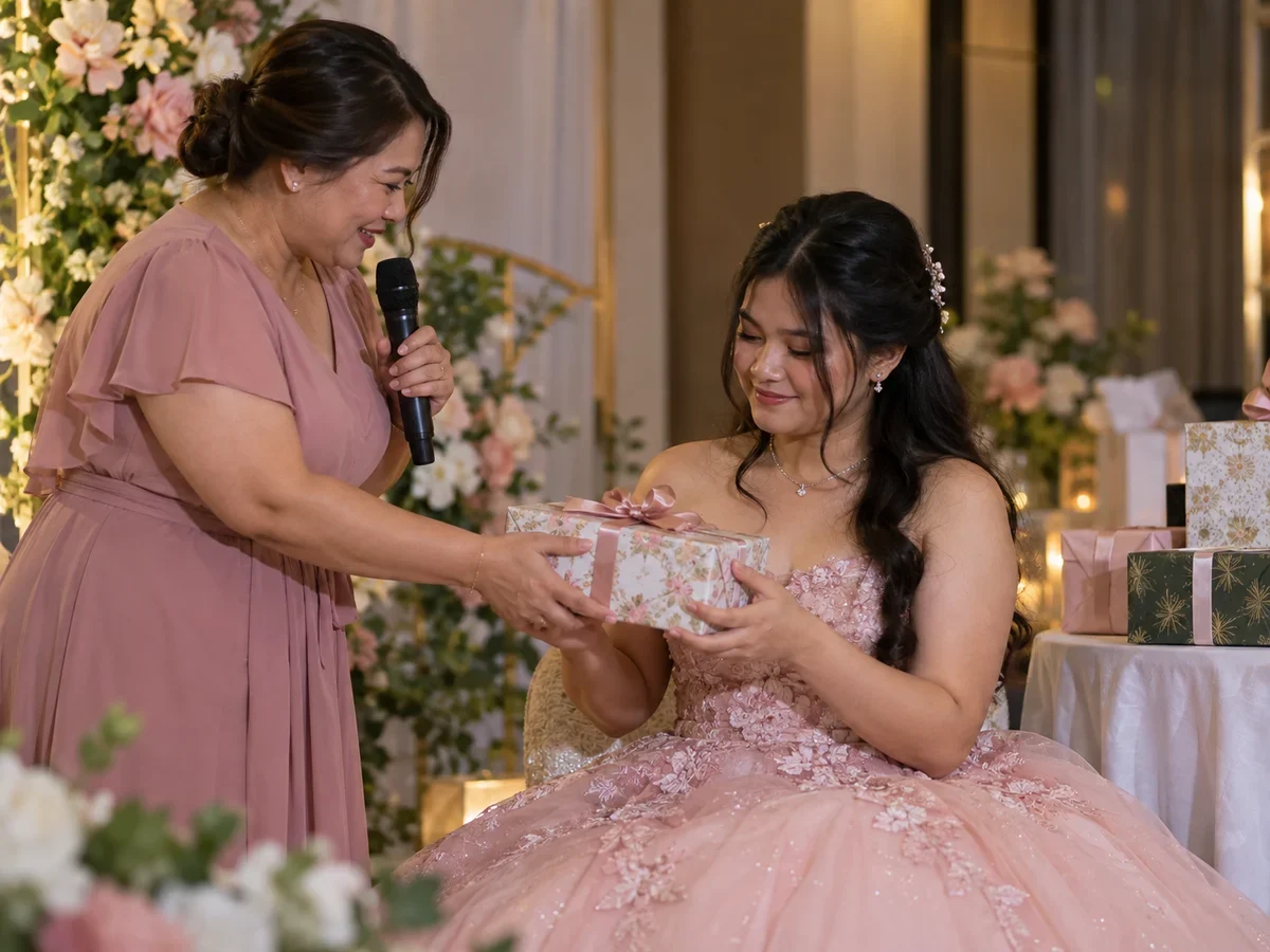 A family member handing a wrapped meaningful gift to a debutante during an 18 Treasures-style segment.