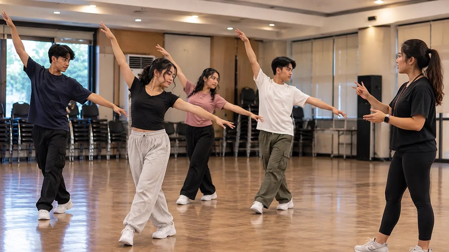 Young adults rehearsing or performing a coordinated cotillion-style dance in a practical function room.