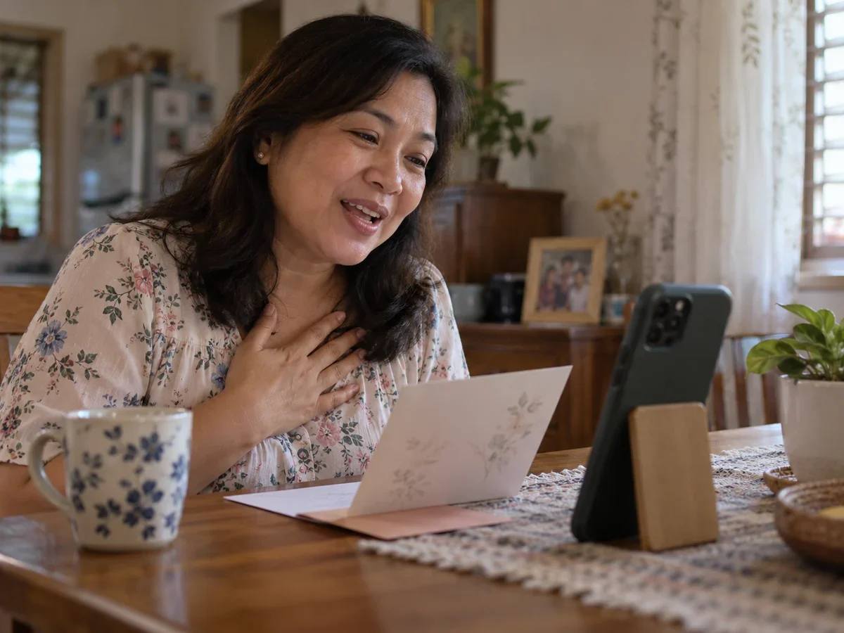 A family member recording a personal video greeting on a phone with a handwritten note nearby.