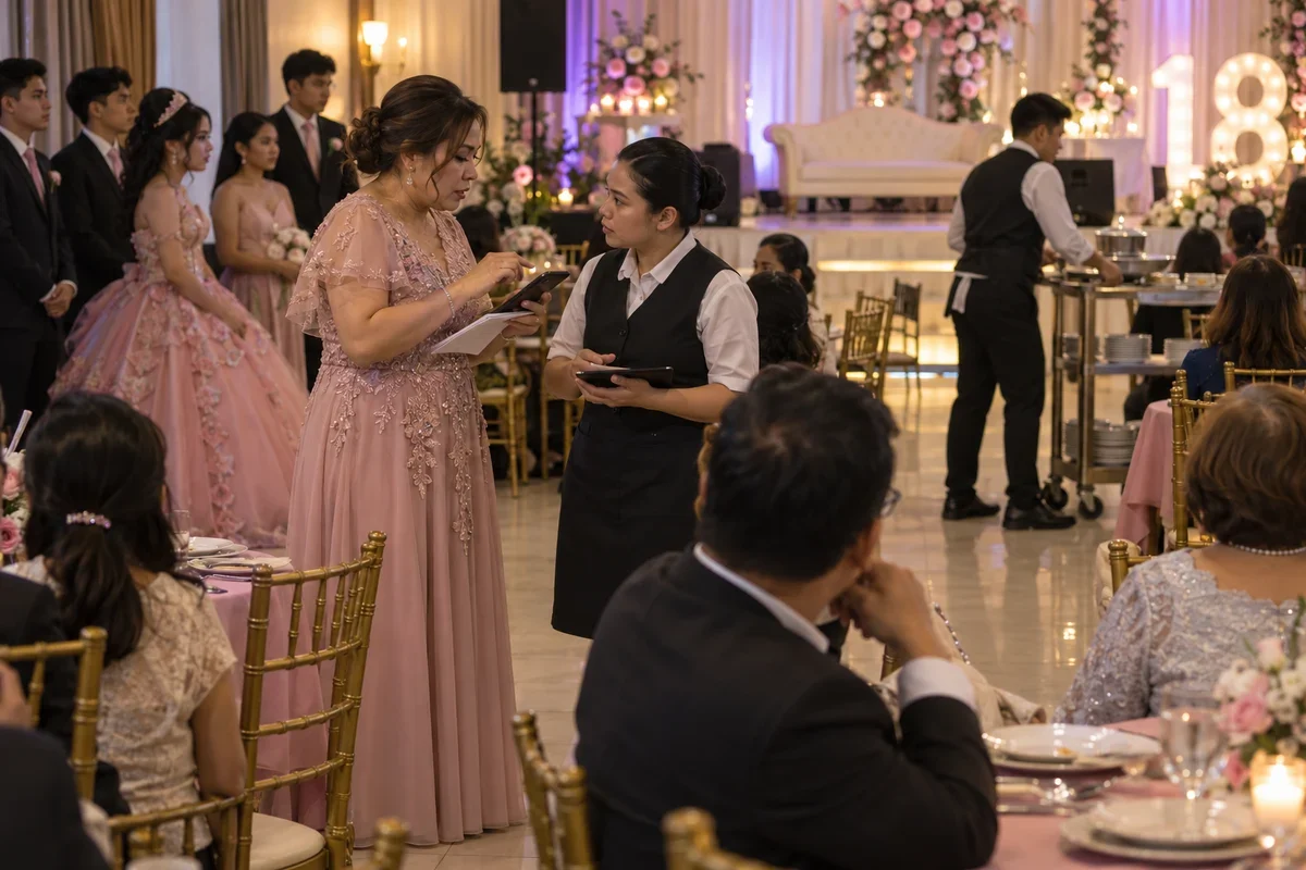 A family host and generic food-service lead quietly coordinating timing while Debut participants wait nearby.