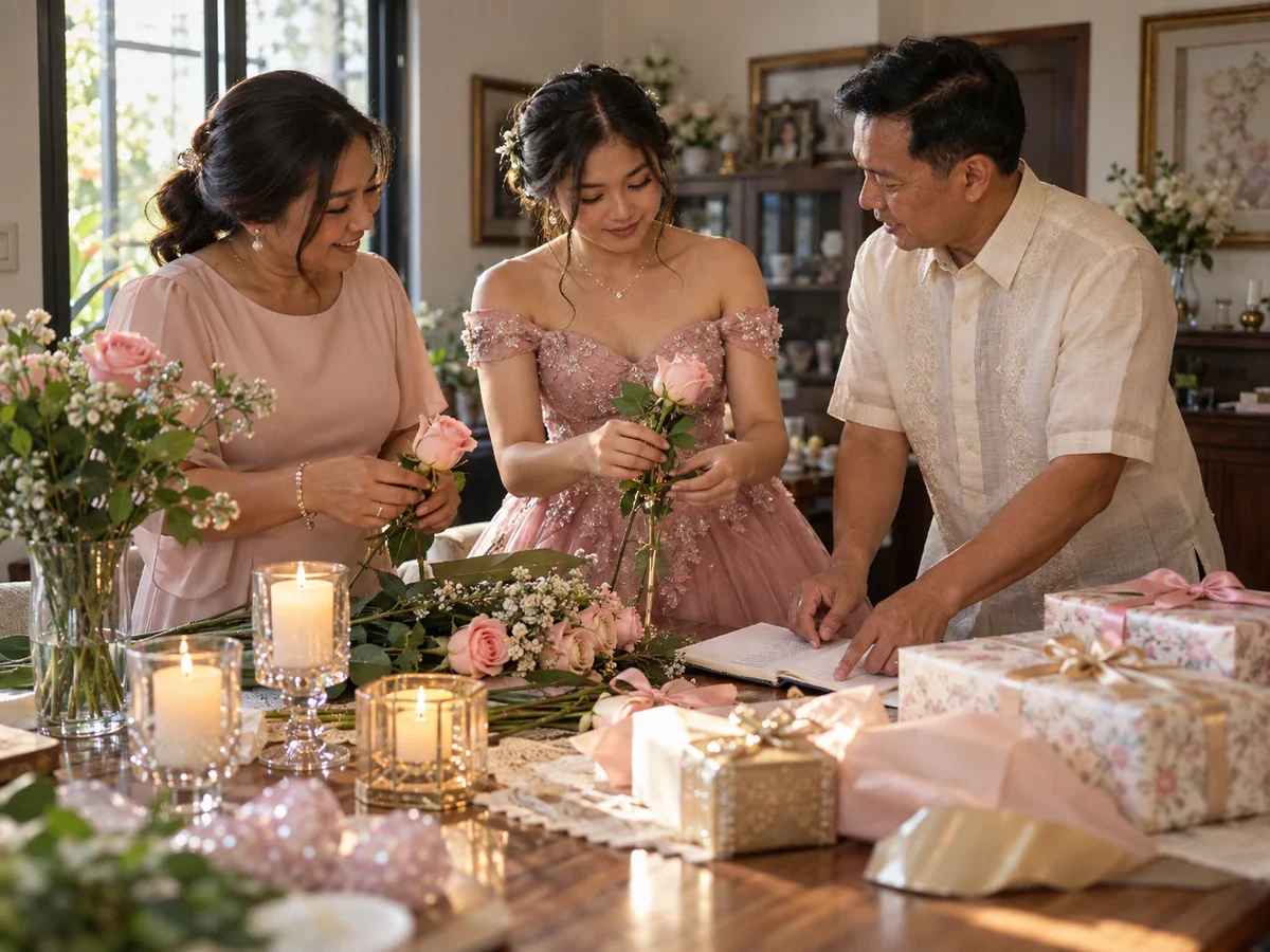 A Filipino debutante and family preparing roses, candle holders and wrapped gifts together at a table.