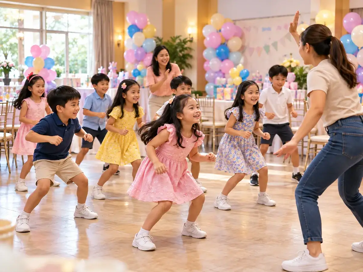 Children playing a hosted party game in a function room with adults supervising