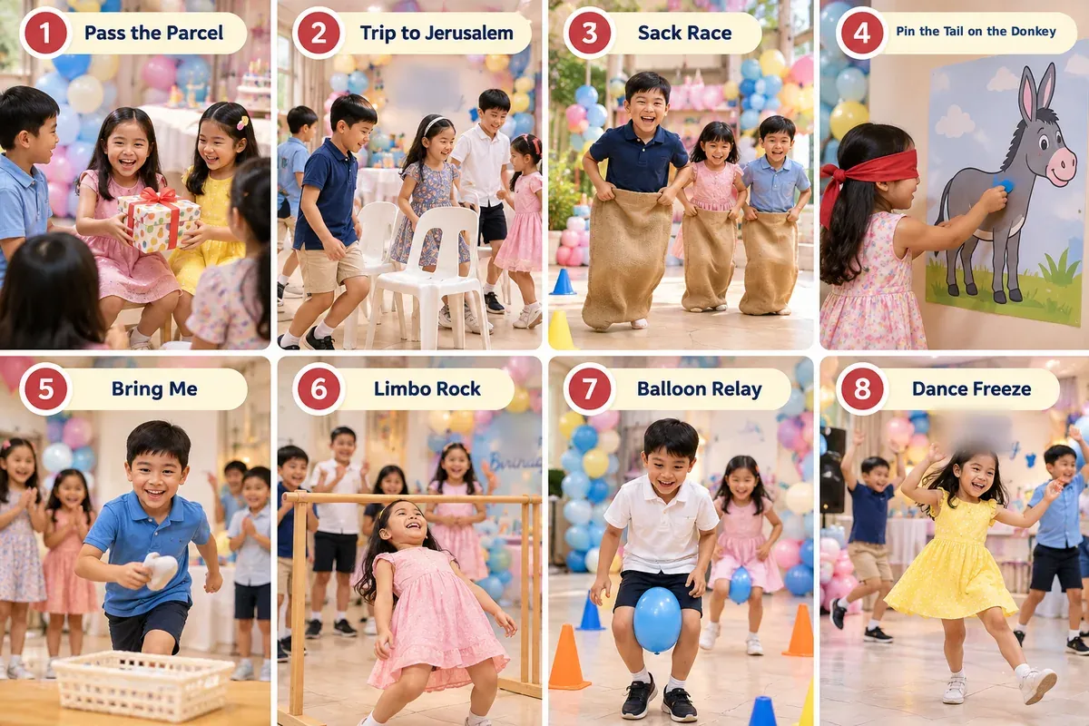 Eight-panel overview of Pass the Parcel, Trip to Jerusalem, Sack Race, Pin the Tail on the Donkey, Bring Me, Limbo Rock, Balloon Relay and Dance Freeze