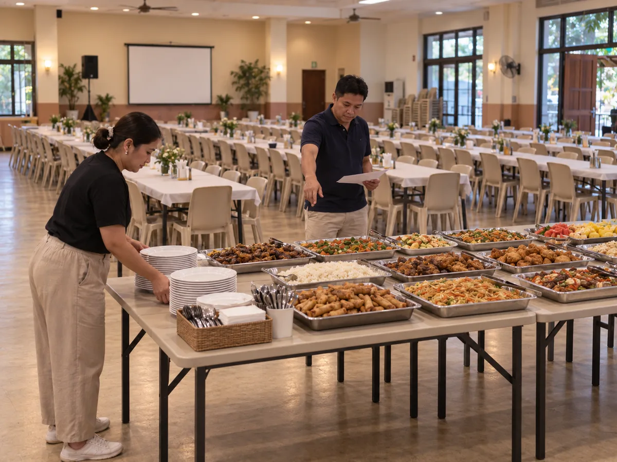 Filipino event organizers planning a large shared Food Tray setup in a Metro Manila venue