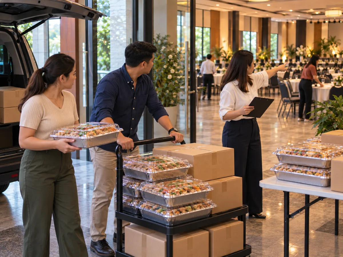 Filipino organizers receiving and arranging a large Food Tray order at a venue
