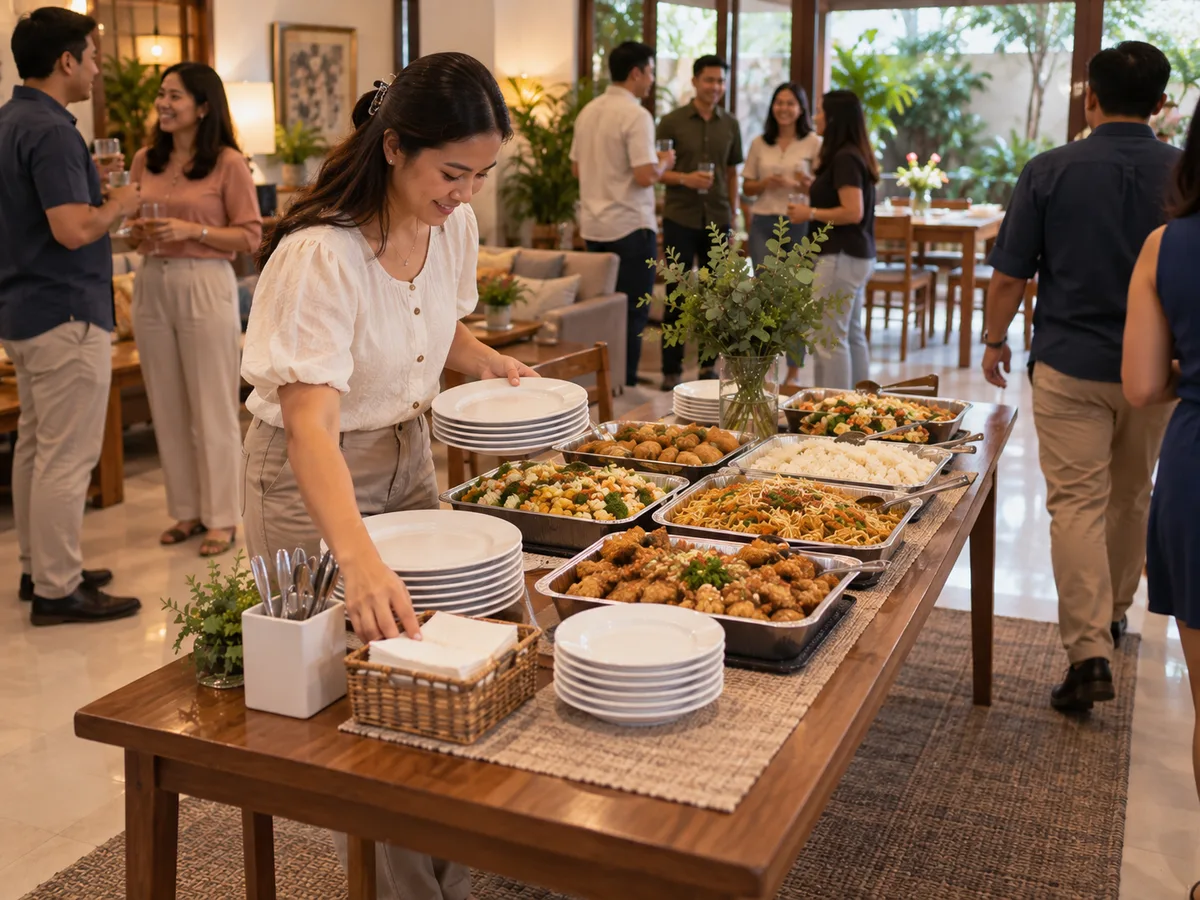 A Filipino host checking plates, serving utensils and table space before guests eat