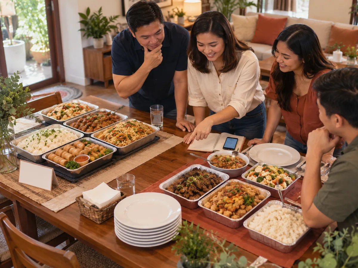 A Filipino host planning a shared spread with ready-made and individually chosen dishes