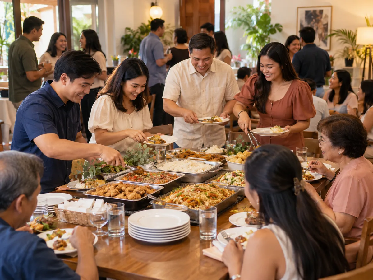 Filipino guests sharing food around a table at a small gathering