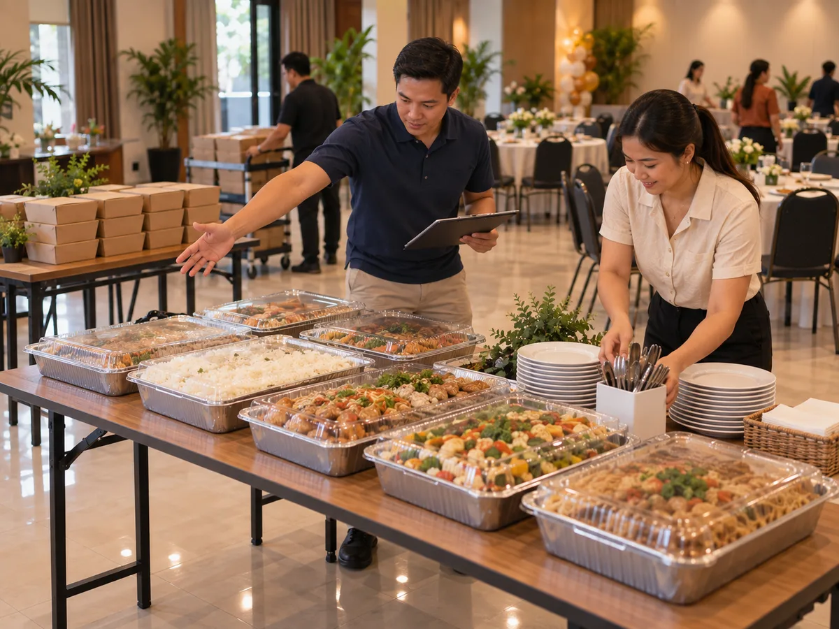 Filipino organizers checking table capacity and receiving space for a large food tray order