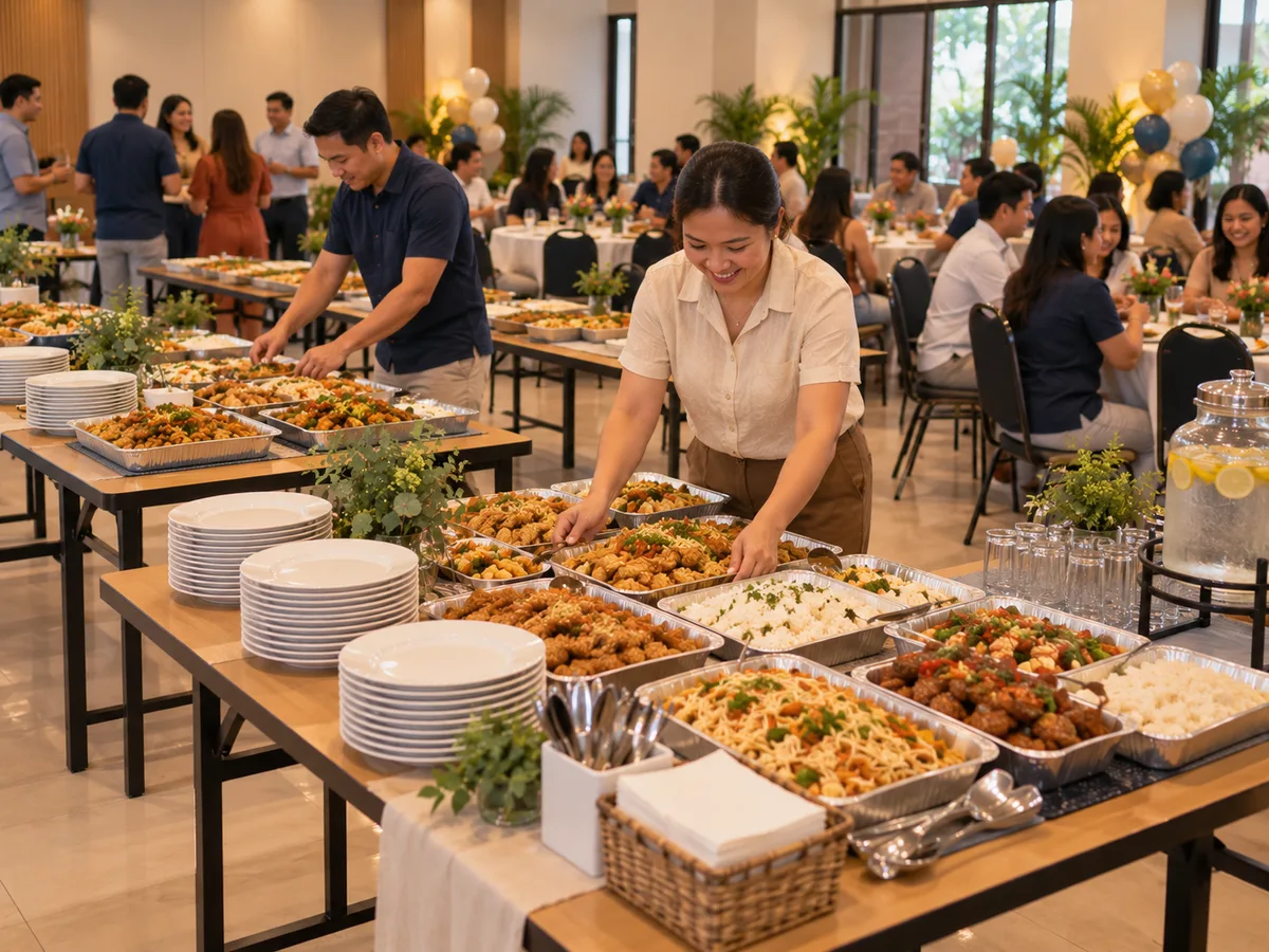 Filipino event organizers arranging shared food trays on ordinary tables for a larger gathering