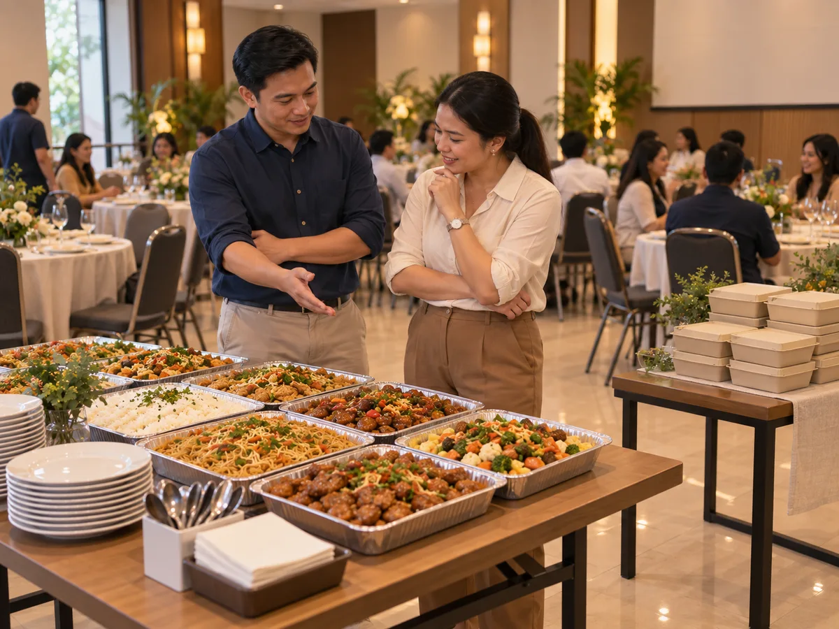 Filipino event organizers comparing shared food trays with individual meal boxes and a managed event setup