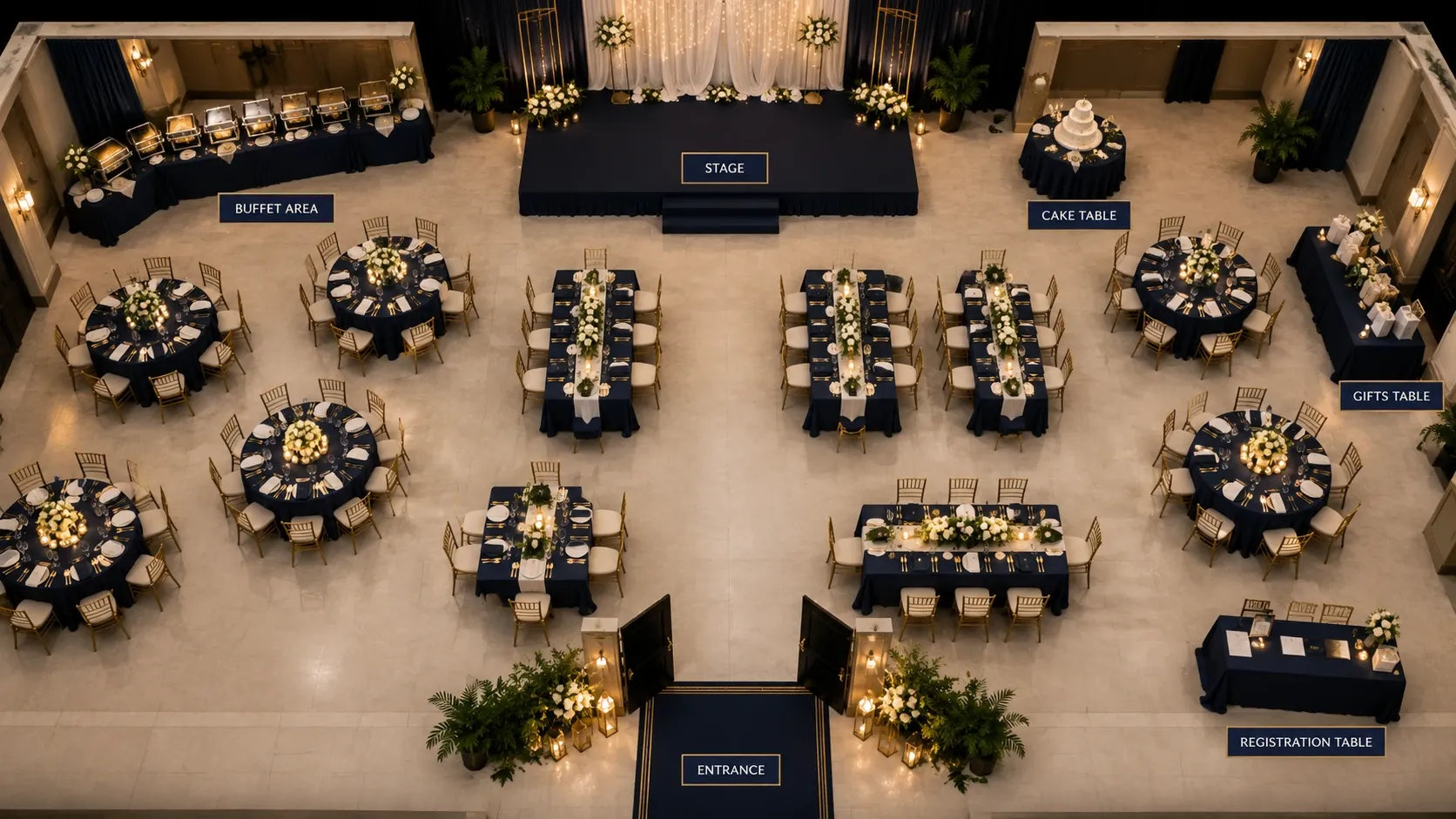 Overhead event layout with round and rectangular tables, buffet area, stage, cake table, gifts table, registration, and entrance