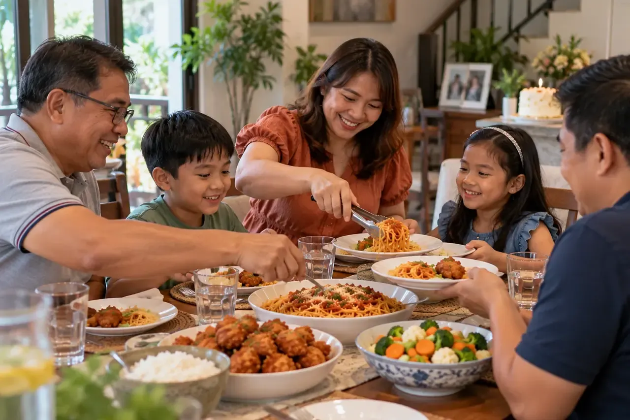 Filipino family with children and adults sharing one birthday meal around a dining table.