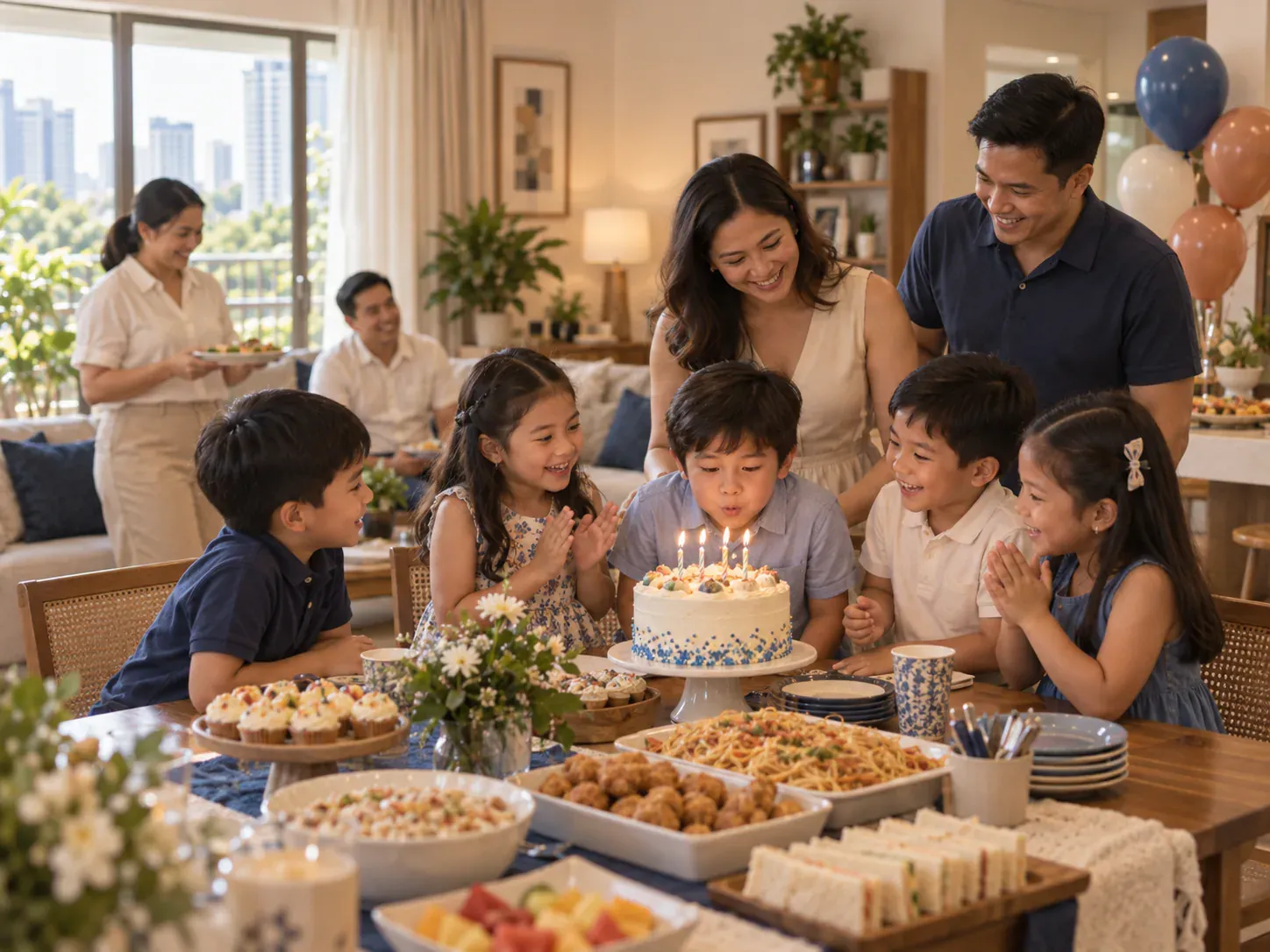 Illustrative at-home Filipino children’s birthday setup with simple decorations and space for play