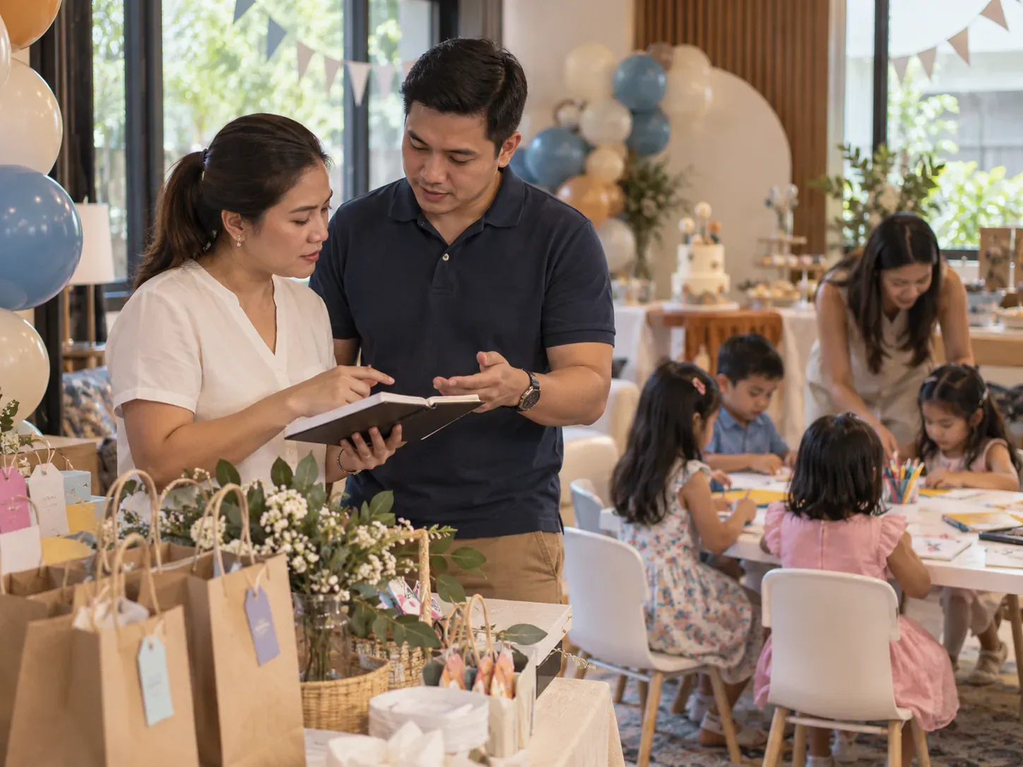 Illustrative children’s birthday food table with family-friendly dishes for kids and adults