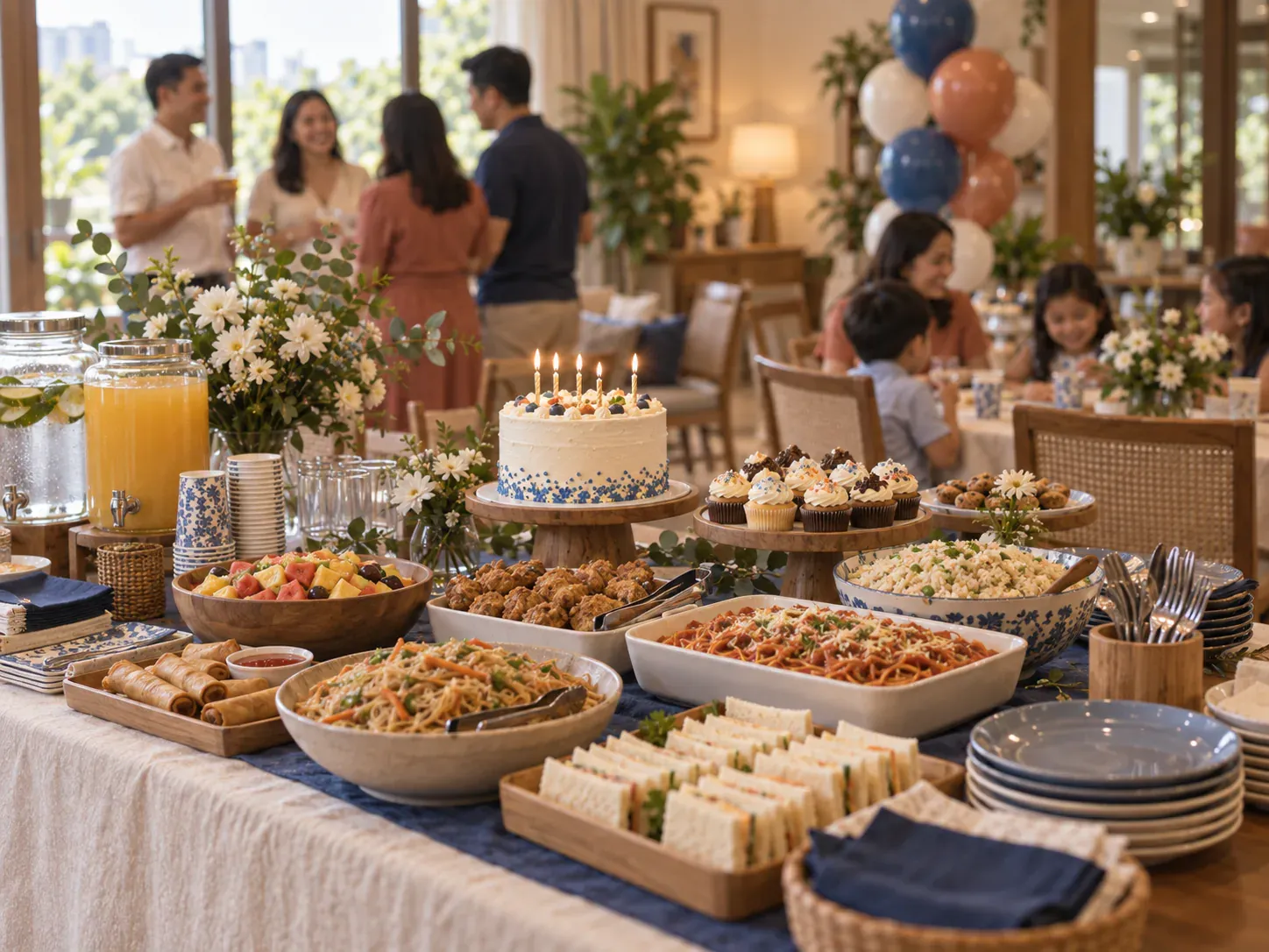 Illustrative Filipino parents coordinating a child’s birthday while children play safely nearby