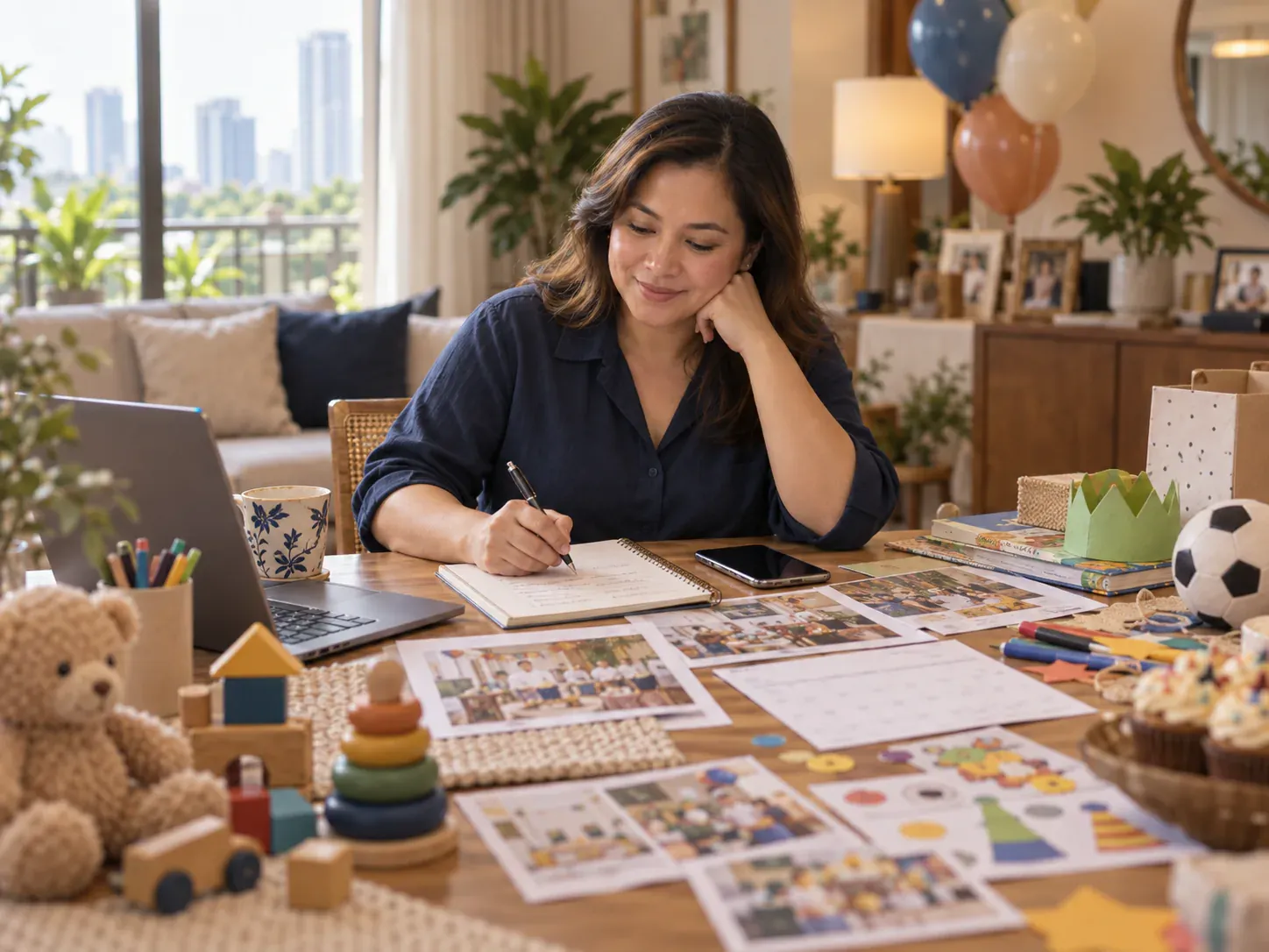 Illustrative parent planning a child’s birthday with age-appropriate activity ideas