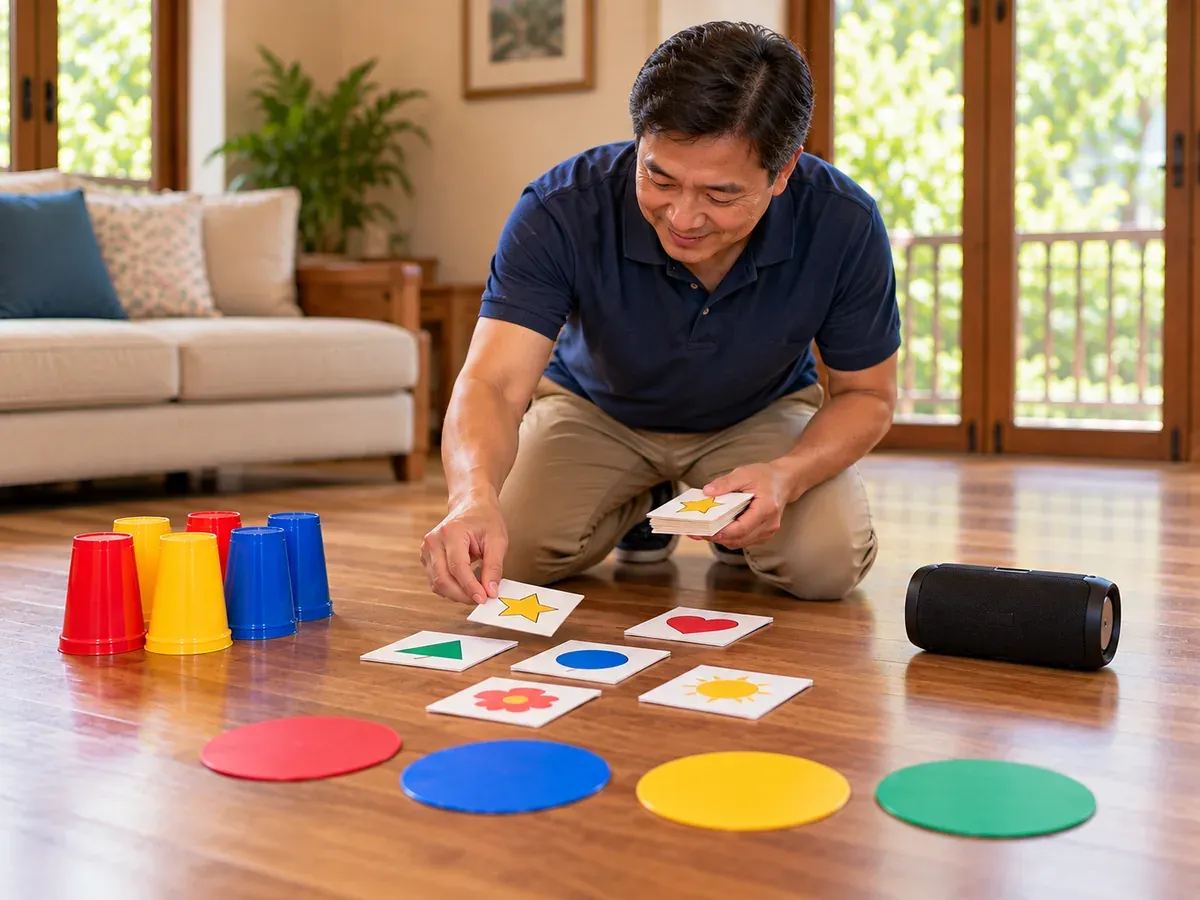 Adult arranging simple party-game materials before children begin