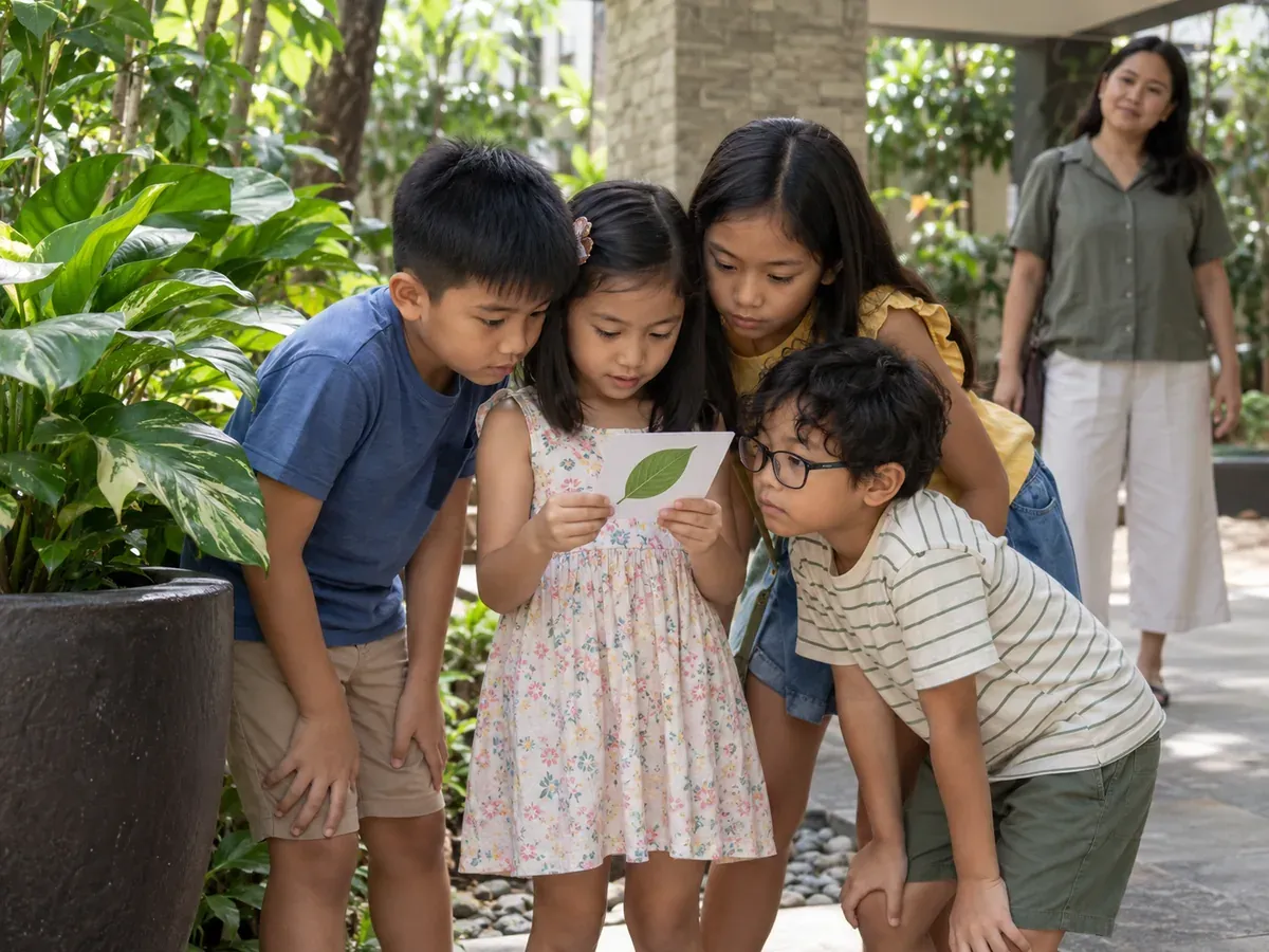 Children following a picture clue during a party treasure hunt