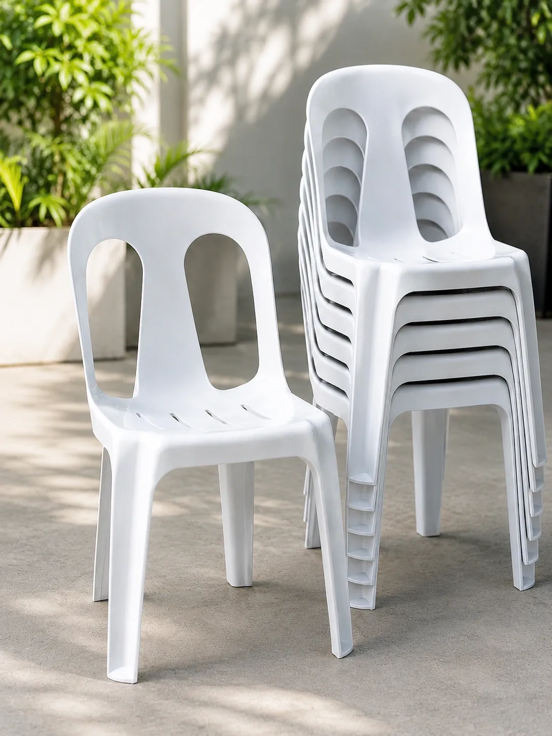 White monobloc chair beside a stack of white plastic monobloc chairs for rent, ideal for parties, weddings, and events in the Philippines.
