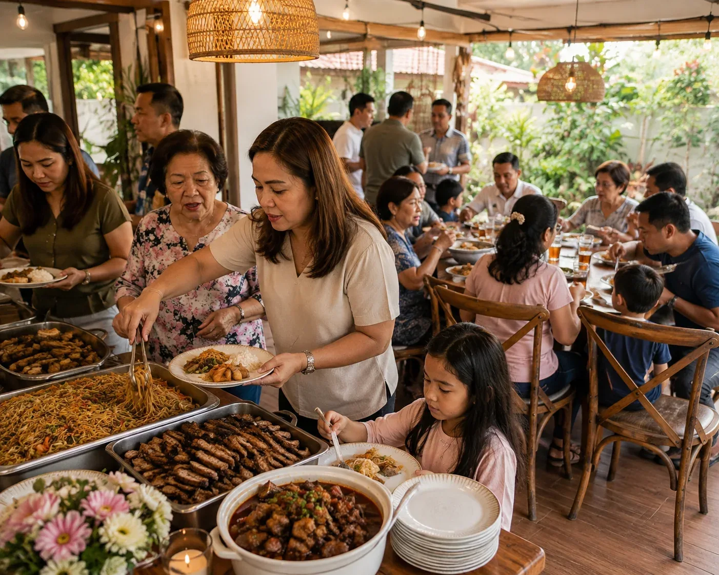 Family members serving food from a buffet during a Mother’s Day gathering