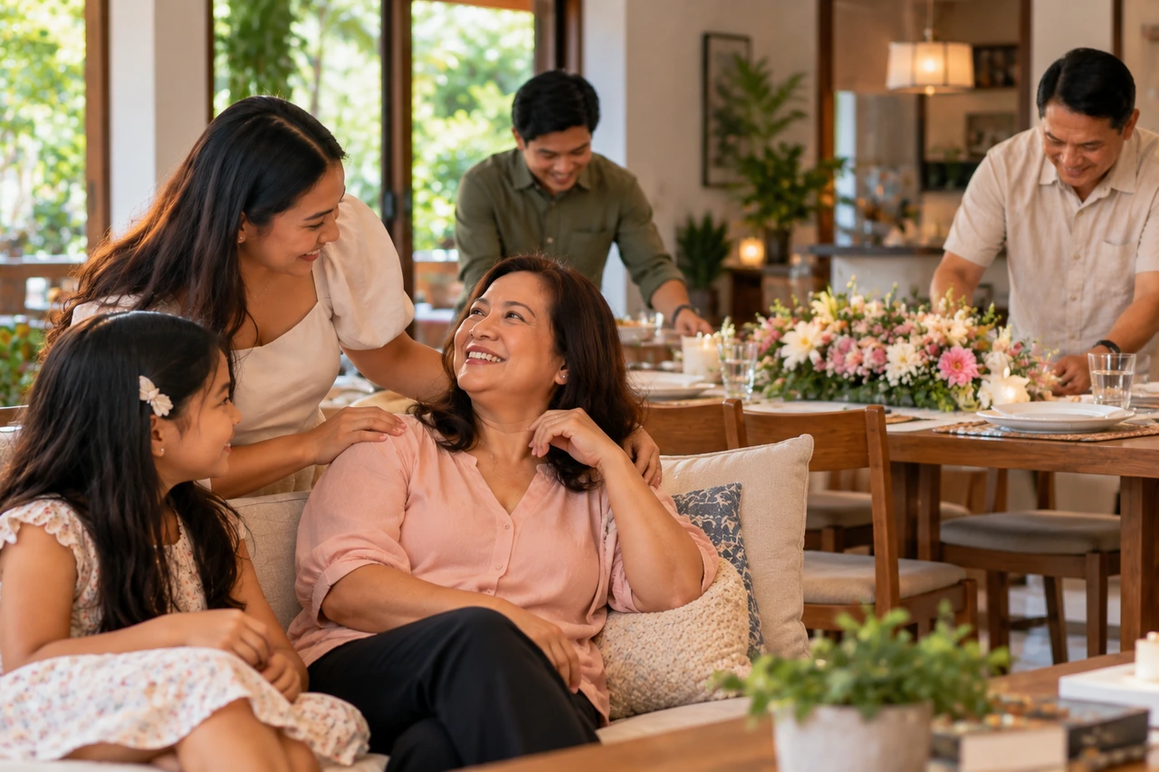 Mother relaxing while Filipino family members finish setting the table for a Mother’s Day gathering