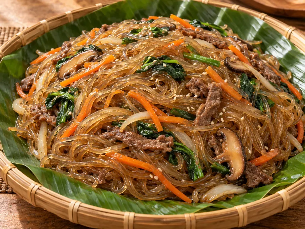 Thicker amber Korean-style glass noodles with beef and vegetables in a bilao