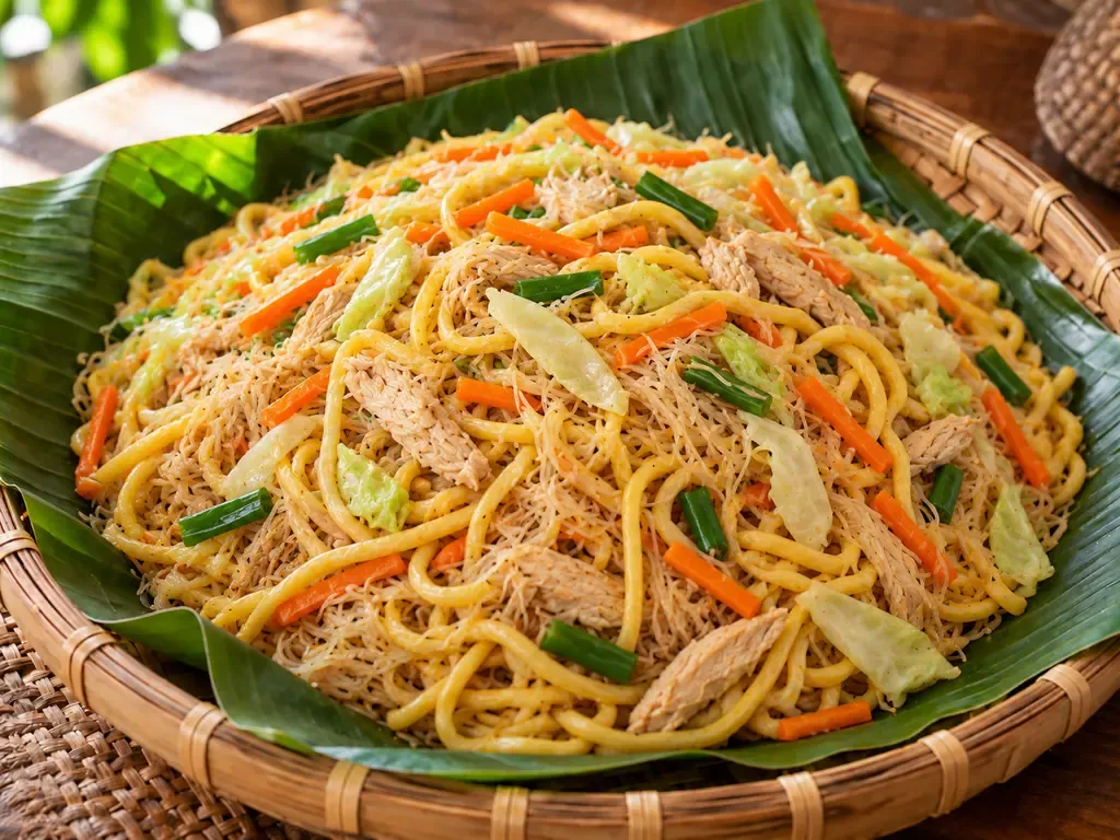 Thick yellow miki noodles mixed with fine opaque Bihon in a bilao