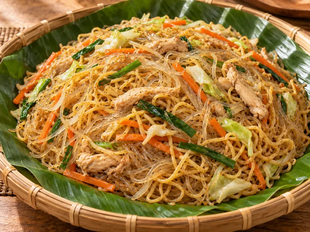 Transparent Sotanghon mixed with thin golden Pancit Canton noodles in a bilao