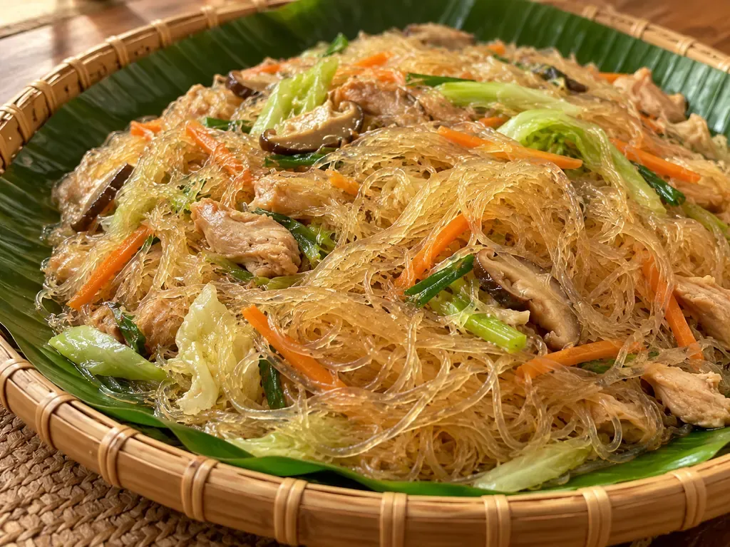 Fine translucent Sotanghon glass noodles with chicken, mushrooms and vegetables in a bilao