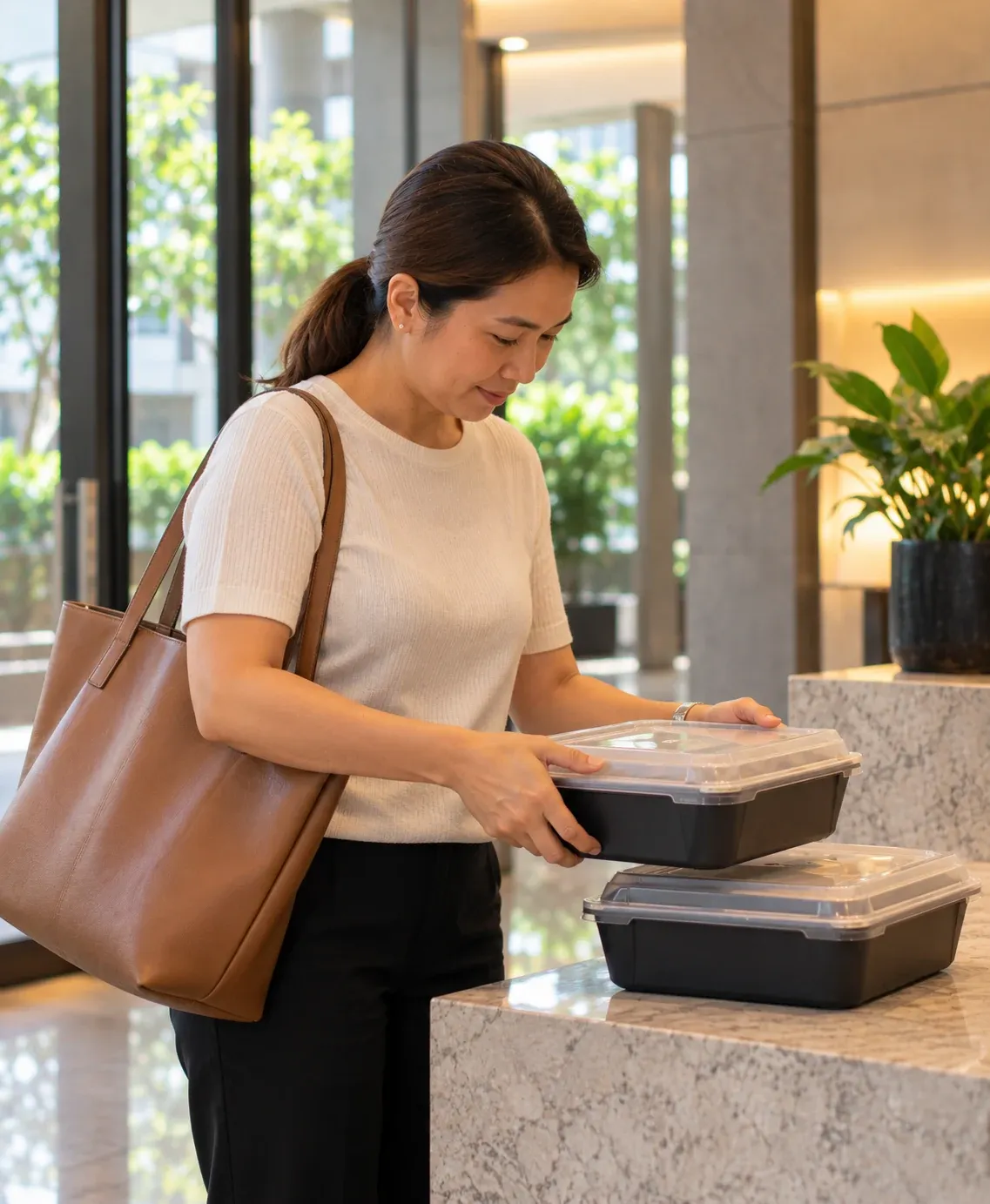 A customer checks two closed food containers after receiving them in a condo lobby.