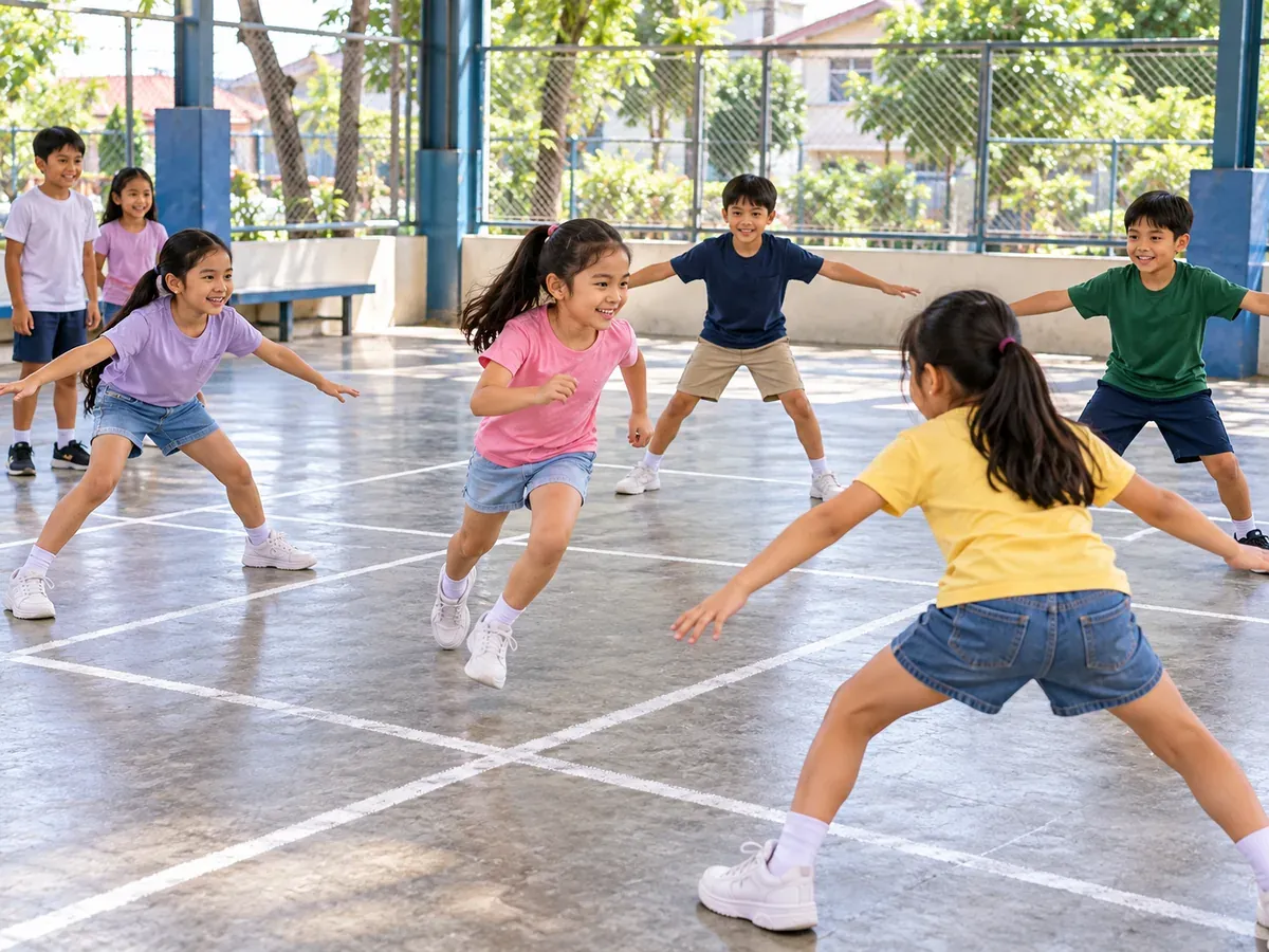 Children playing Patintero on a marked grid in a covered court