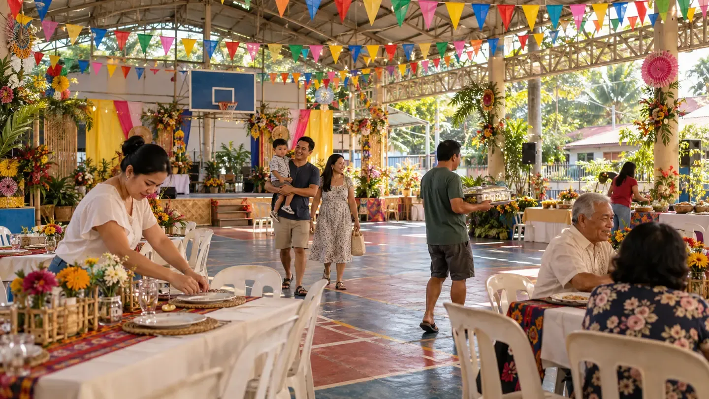 Shared neighbourhood community space prepared for a Filipino fiesta gathering