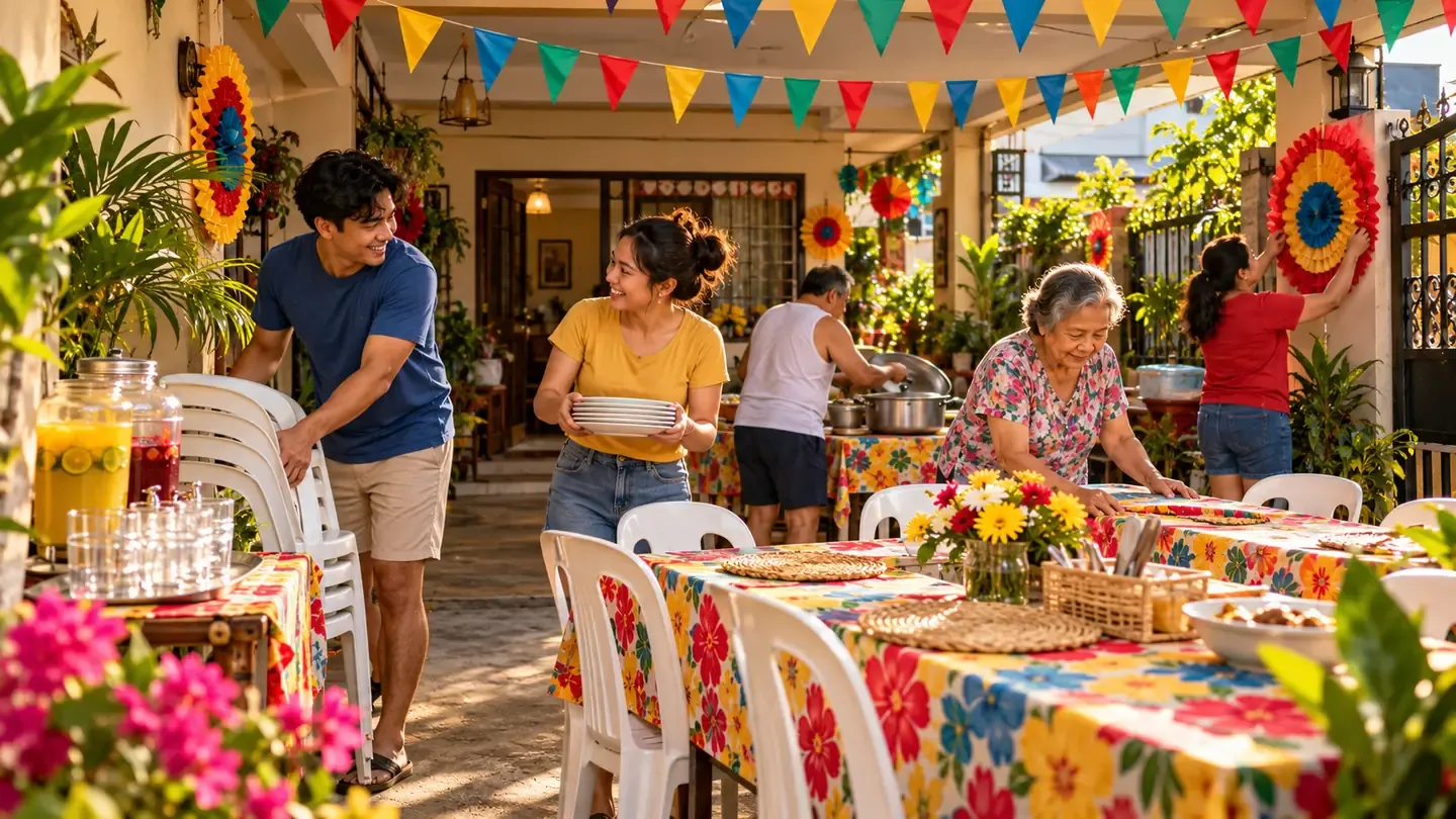 Filipino relatives preparing chairs and tableware for a family fiesta at home