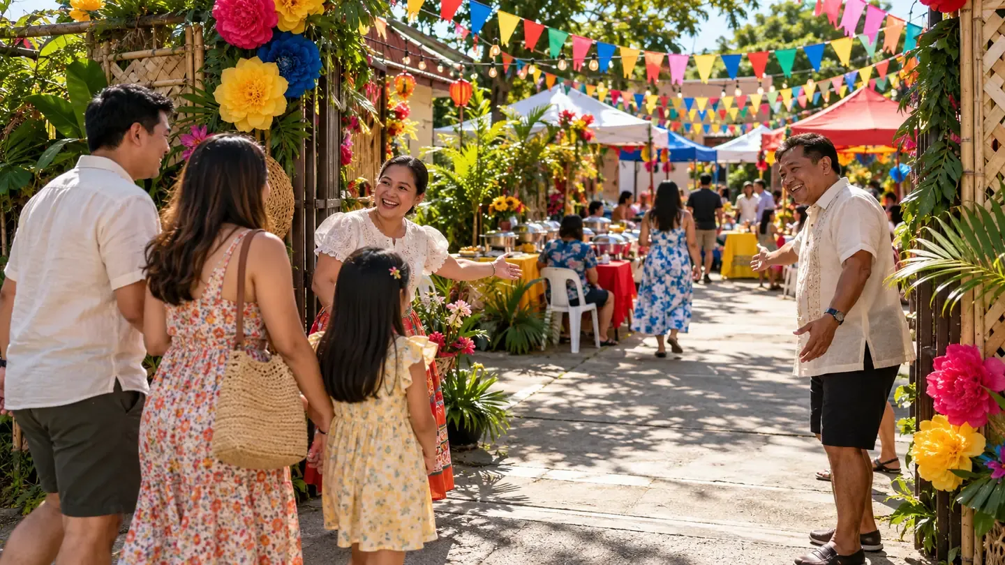 Guests arriving through a shared neighbourhood Fiesta space while hosts manage circulation and replenishment